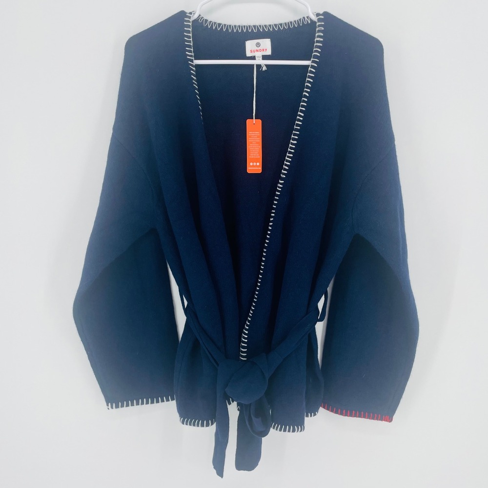 SUNDRY Navy Blue Wool Cashmere Blend Kimono Cardigan‎ Sweater Embroidered Size 1